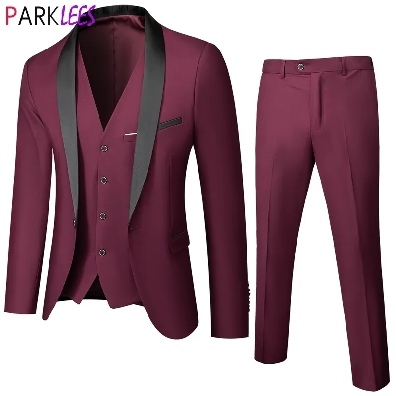 Hommes d'affaires formels Slim Fit Vin Rouge 3PC Costumes (Veste + Pantalon + Gilet) Marque Un Bouton Châle Revers Costume Homme S-6XL 210522