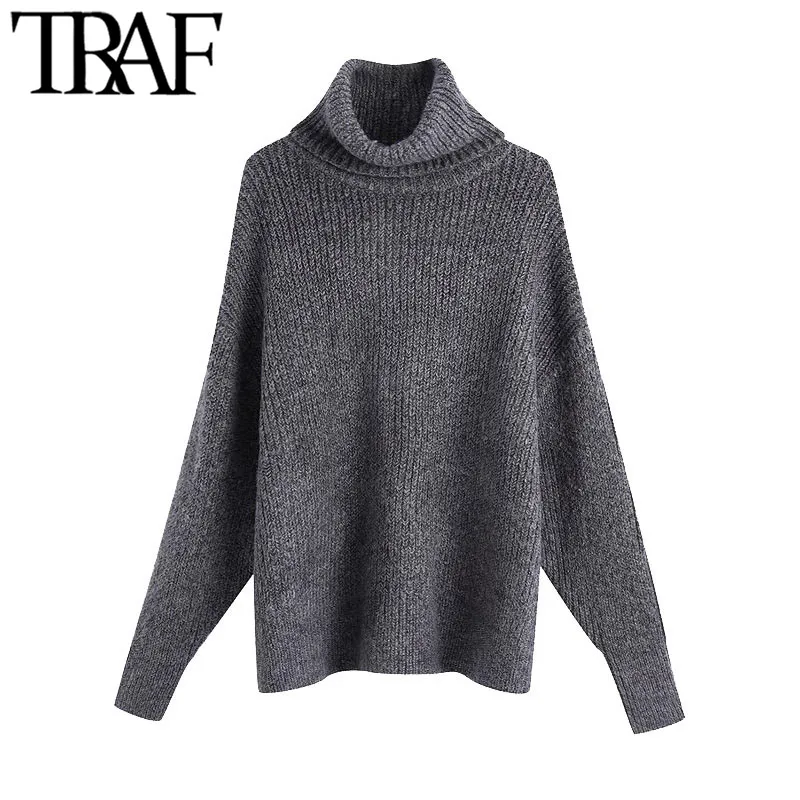 TRAF Women Fashion Dikke Warm Losse Gebreide Sweater Vintage Hoge Hals Lange Mouw Zijopeningen Vrouwelijke Pullovers Chic Tops 210415