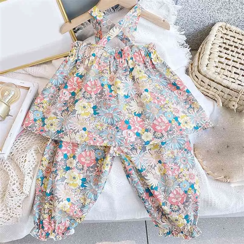 Filles Set Summer Flower Sling Top + Pantalon 2pcs Ensembles de vêtements Vêtements pour enfants pour enfant 210528
