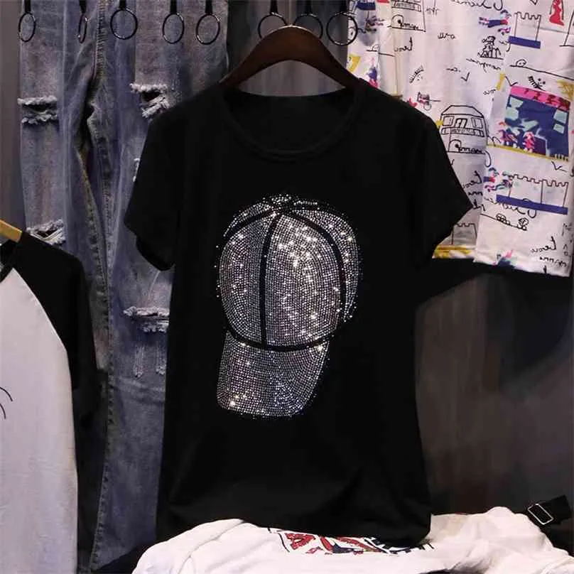 T-Shirt Kadın Yaz Moda Hareket Topu Kap Dekorasyon Elmas Kadın Giysileri Tees Kısa Kollu Kazaklar Tops 210720