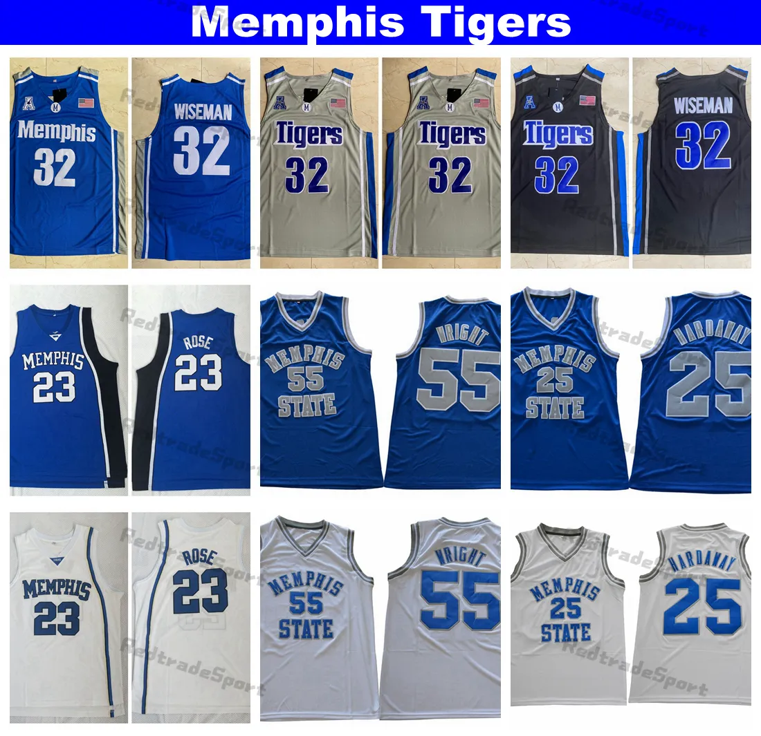 NCAA 2021 Memphis Tigers 32 James Wiseman College 농구 유니폼 빈티지 23 Derrick Rose Memphis State 25 Penny Hardaway 55 Lorenzen Wright 스티치 셔츠