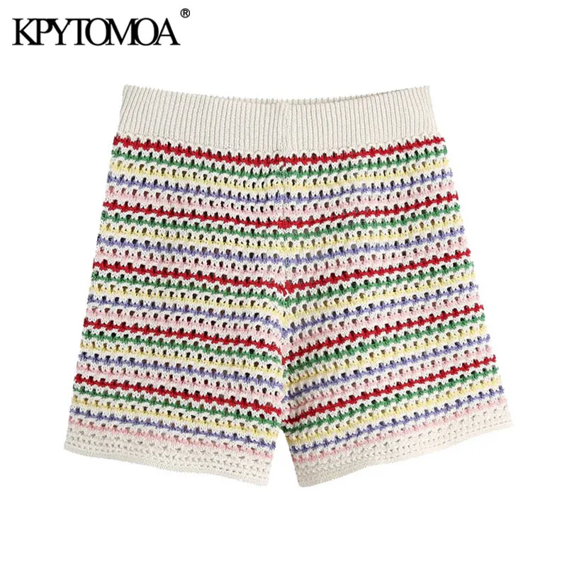 Mulheres chique moda listrado shorts de malha vintage alta elástica cintura feminina calças curtas mujer 210416