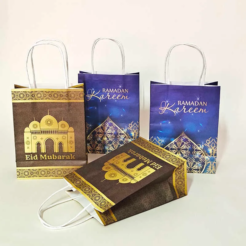 Avebien 20x15x8cm Подарочная сумка Ramadan Kraft Paper Сумка Мусульман EID Мубарак Золотая сумка для Tote 10/20 / 50шт Памятная подарочная упаковка 210724