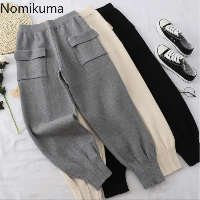 Nomikuma wiosna jesień dzianiny harem spodnie koreańskie podwójne kieszenie solidne przyczynowe spodnie kostki nowych kobiet sweter spodnie 6E258 210427