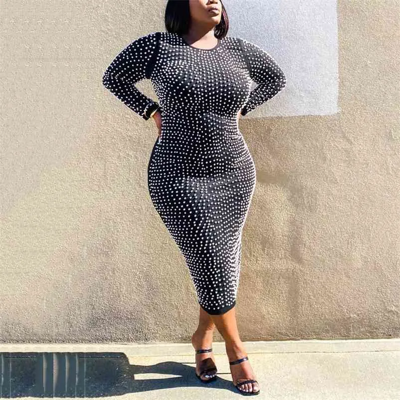 Afrikanische 4XL 5XL Große Größe Perlen Kleid Bodycon Hohe Taille Zurück Split Mittlere Wade Elegante Abend Party Nacht Abendessen Sexy kleider 210510