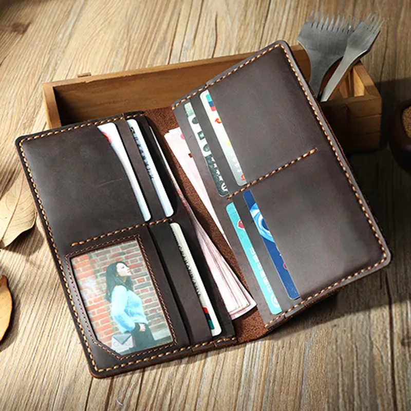 Handmade Vintage Genuine Leather Men Wallet men leather long wallet Clutch bag tough male purse money clips