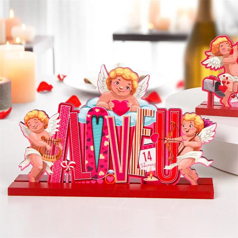 Valentine Party Tabletop Decoration Pink Wooden Angel Cupid Home Office Tabletop Decor