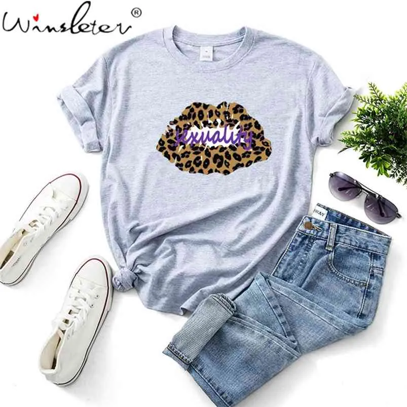 Kvinnor Leopard Lips Kortärmad Konst Kläder Damkläder T-shirts Grafiska Munstycken Bomull Kvinna Tumblr T07507B 210421