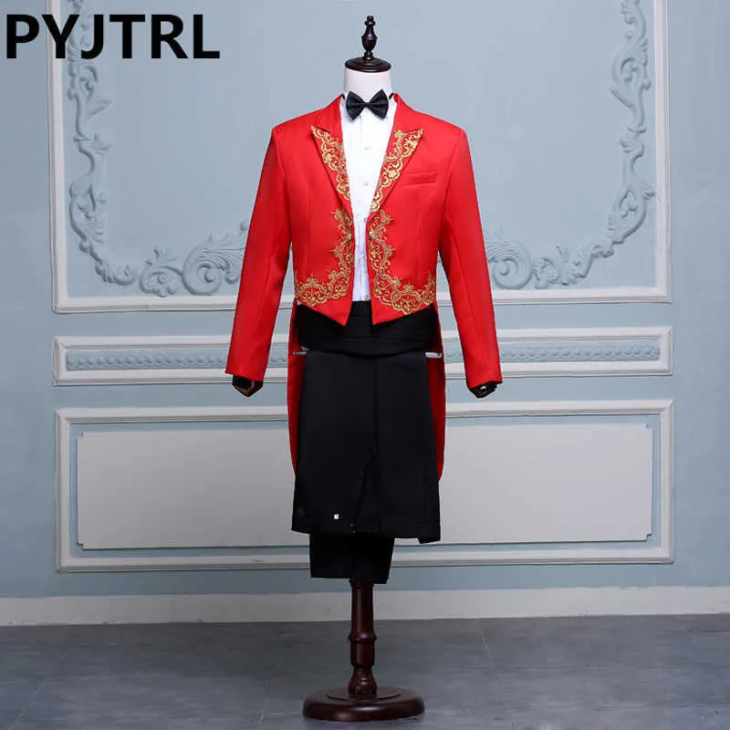 (Jacket+Pants) Black White Red Singer Stage Show Host Ceremonies Tuxedo Classic Wedding Mens Suits With Pants Men Tailcoat X0909