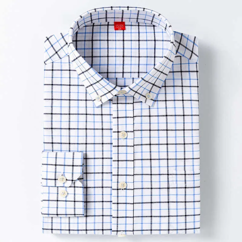 Męska Oxford Długie Rękaw Check Plaid Koszulka Patch Kieszeń Kieszonkowy Standardowy Pasek / Paski Wydrukowane Przycisk Casual Down Shirt 210628