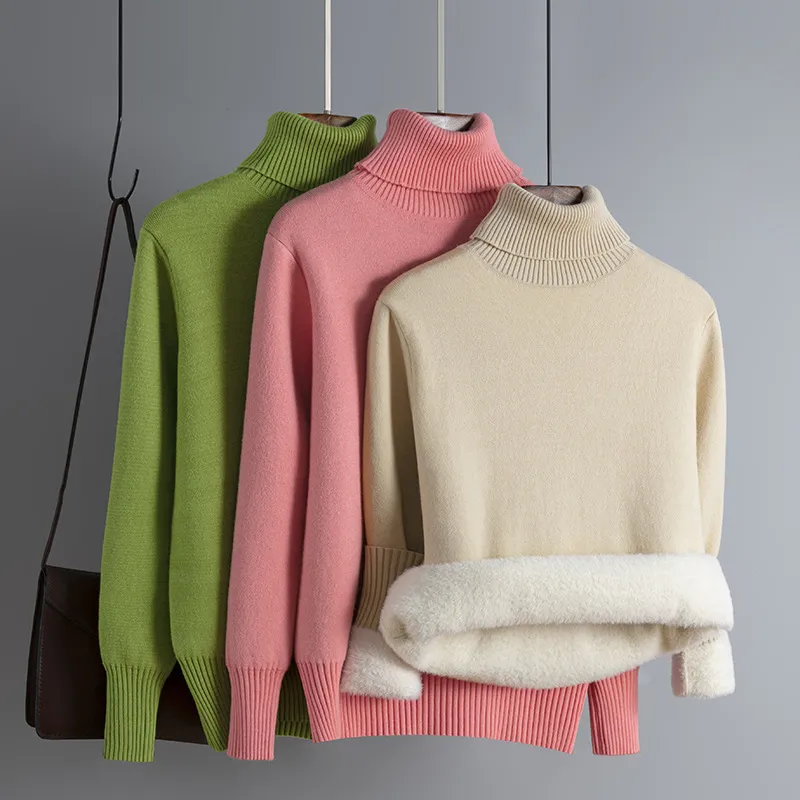 Inverno Mulheres Overize Turtleneck Grosso Knitwear Solid-Color Slim Slim Camisola Coreano Moda Fleece Pullovers Mink Cashmere 210420