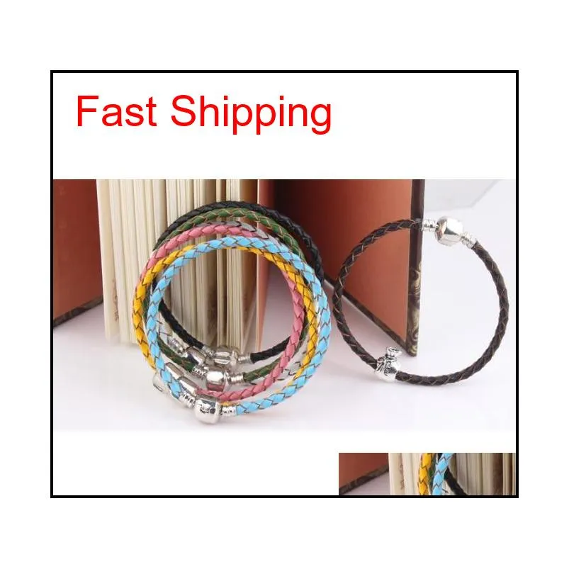 high quality fine jewelry woven 100% genuine leather bracelet mix size 925 silver clasp bead fits  charms bracelet diy marking