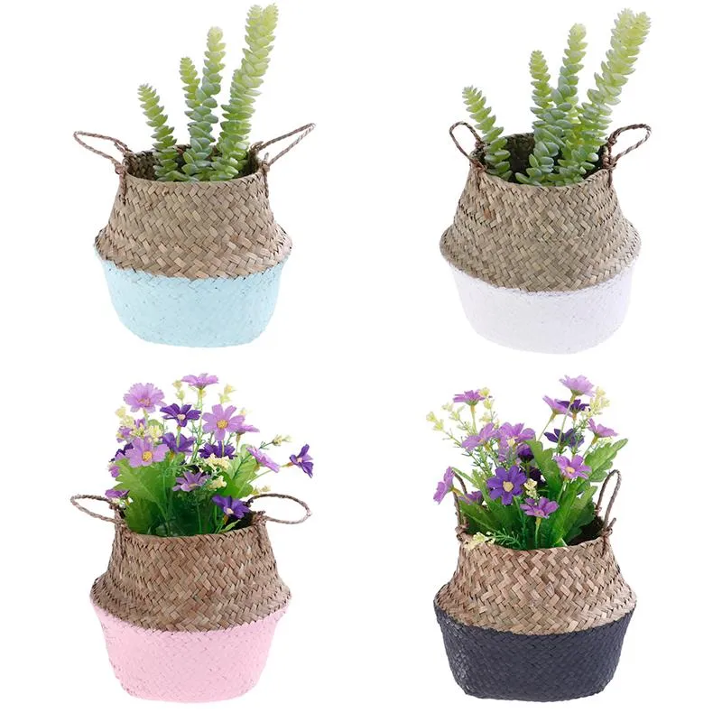 12x16x15cm Handgjorda förvaringskorgar Vikbar Tvättservice Ström Patchwork Wicker Belly Garden Flower Pot Planter Bambu Korg Planters krukor