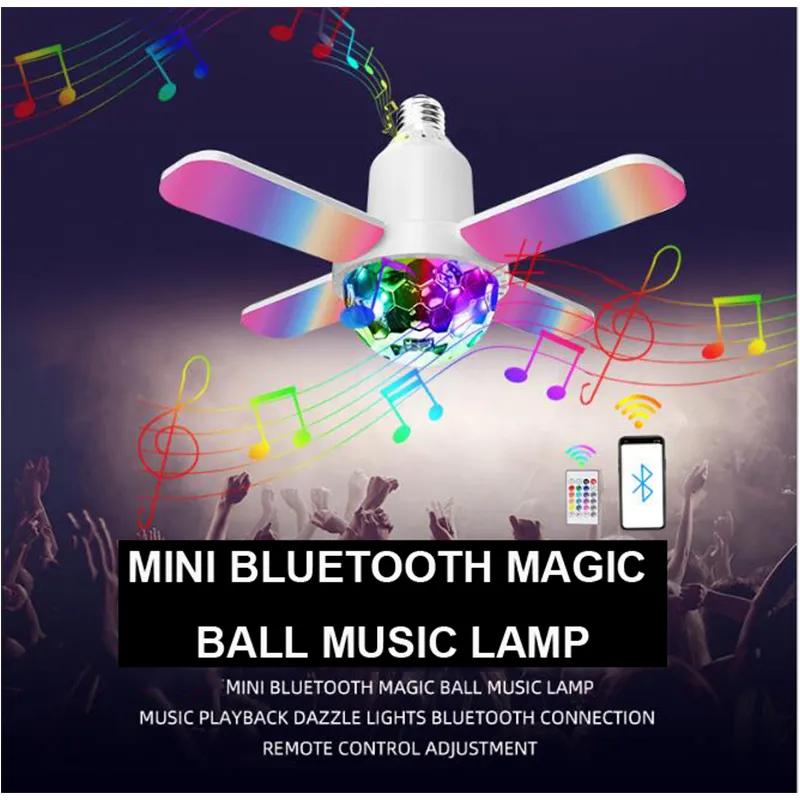 Mini lampadina a 4 foglie Music Light 24W RGB Altoparlante Bluetooth bianco E27 Portalampada 4 + 1 Sfera magica Effetto cielo stellato con telecomando
