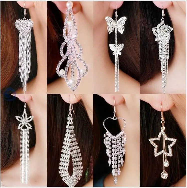 Mix Tofs Dingla Ljuskrona Örhängen Överdriven Super Long Rhinestone S Windmill Fringe Ear Wire Drop Örhängen Koreanska smycken Bulk