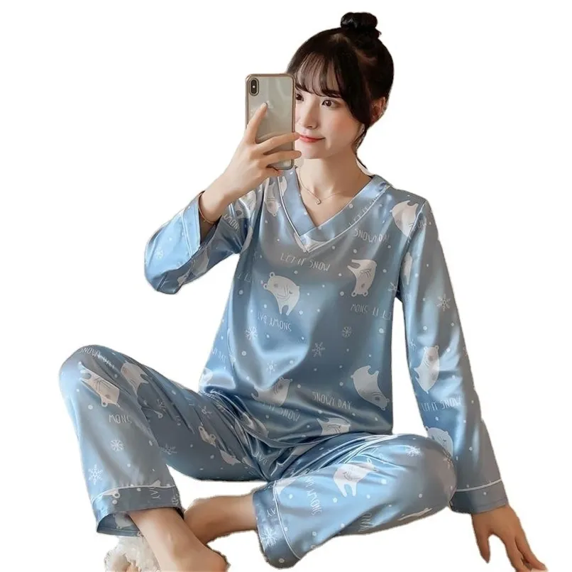 Ensemble de pyjamas en soie pour femmes, col en V, manches longues, été et automne, soie glacée, costume de service à domicile, vêtements de nuit en satin, pyjama de dessin animé 211112