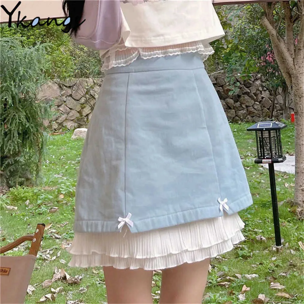 Japanese Kawaii Bow Ruffled Stitching Mini Skirt Women Clean Blue Summer High Waist Cute Short Skirt Girls Vintage A-Line Saia 210619