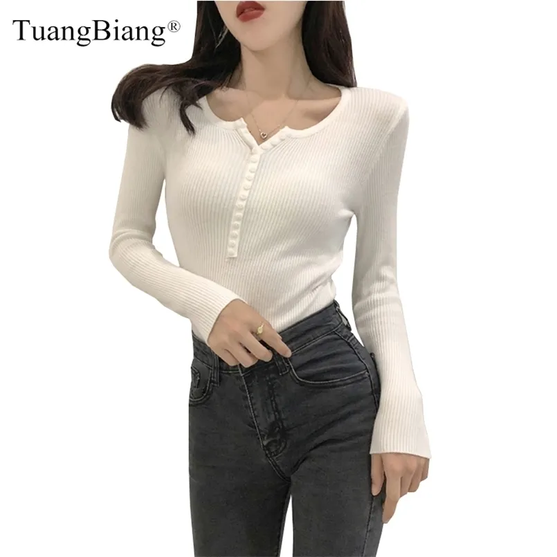 Singel breasted Women Full Sleeve Knapp V-Neck Sweater Knitted Basic Elasticity Pullovers Höst Spring Jumpers Ladies 210806