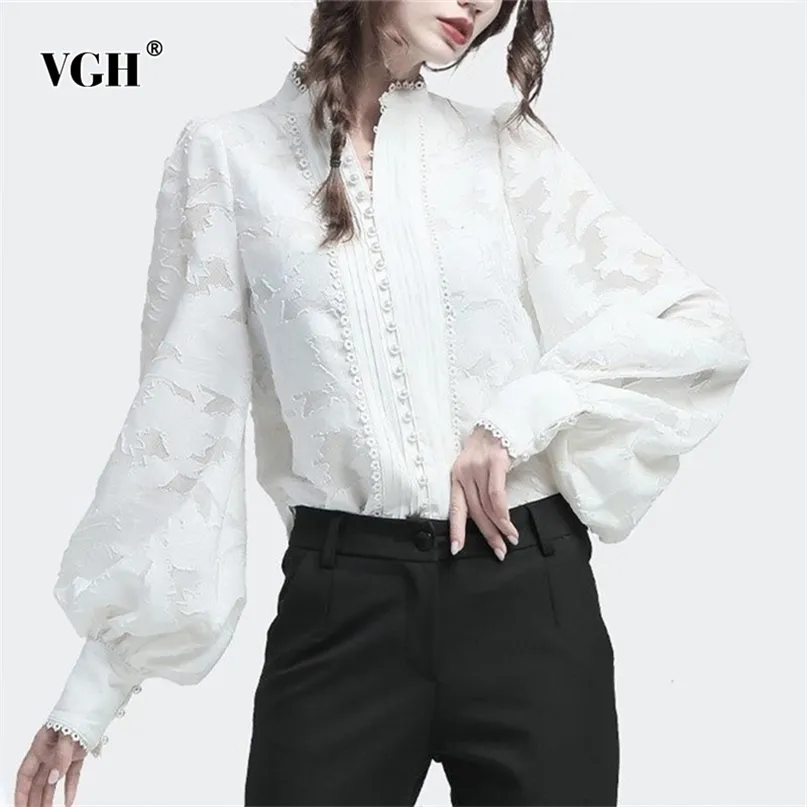 Zarif Beyaz Bahar Bluz Kadınlar Için Standı Yaka Fener Uzun Kollu Rahat Vintage Gömlek Kadın Moda Giysileri 210531