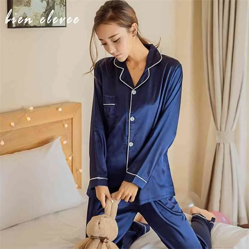 Faux Silk Satin Pajama Zestawy Wiosna Jesień Kobiety Pleasweear Z Długim Rękawem Pijama Garnitur Kobiet Nightwear Sexy Lingeries Pajama Femme 210330