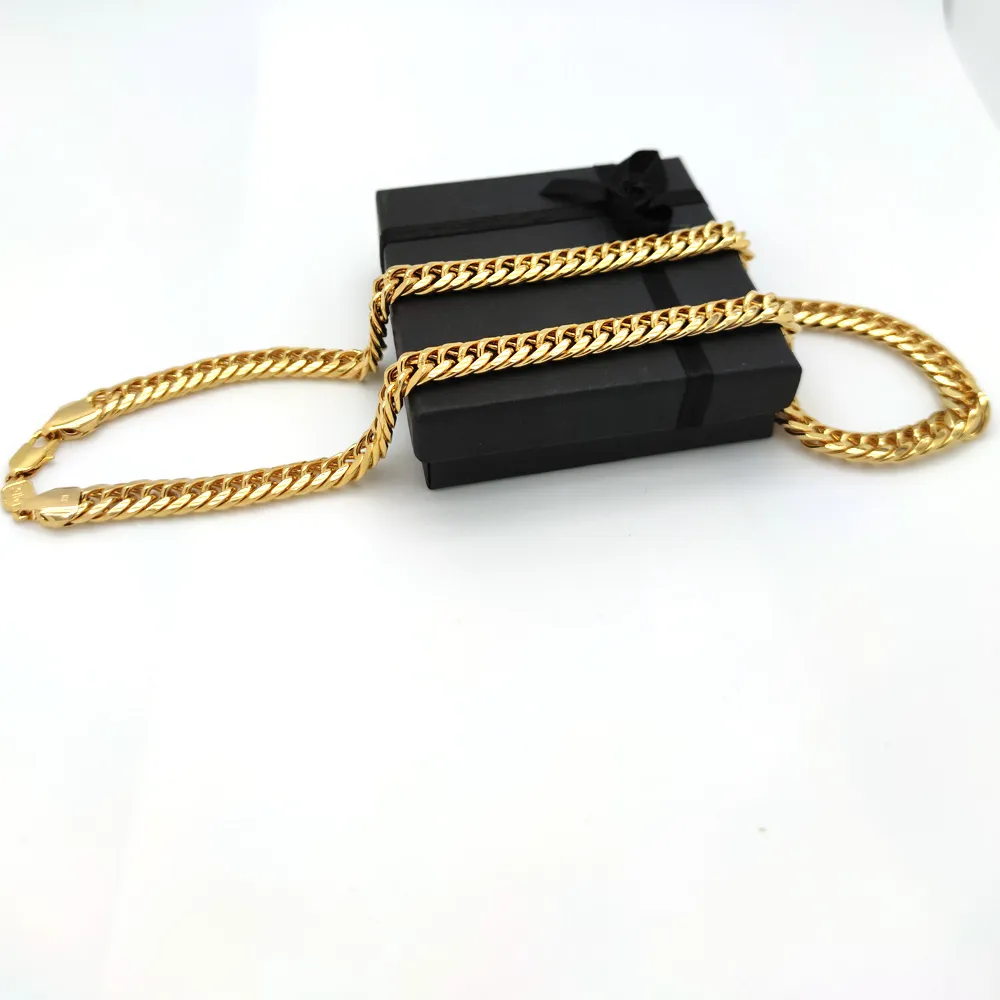 Super Cool Chain Fashion 24k Yellow Solid Fine Gold Double Curb Cuban Link Necklace Mens 600MM 10MM153L