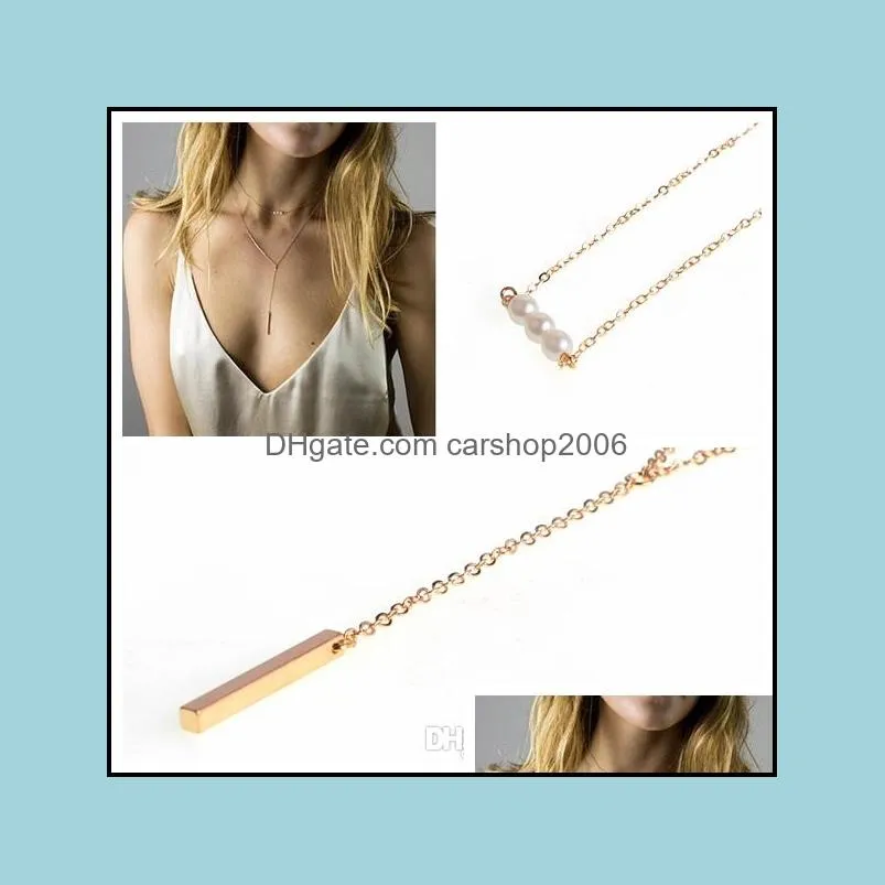 Women`s Multilayer Necklace Simple Long Rod Pendant Pearl Beaded Necklace