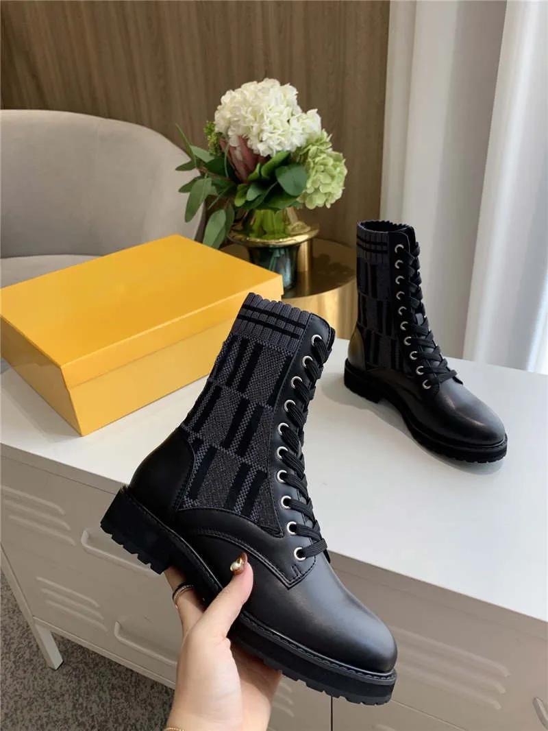 Women`s Knitted Sock Ankle Combat Zucca Leather Boots With Box