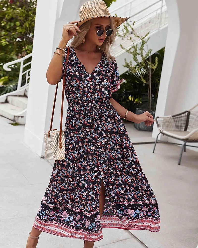 Fulbant Women's Summer V-Neck Flare Sleeve Printed Beach Dress – Boho Floral Mini Dress For Vacation & Casual Wear