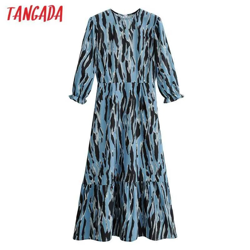 Tangada mode kvinnor blå leopard tryck lång klänning dragkedja långärmad kontor damer maxi klänning 1f114 210609