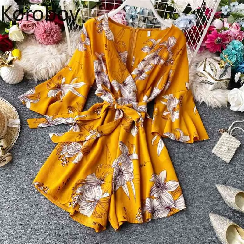 Korobov strand stil chiffong kvinnor playsuits koreanska print hög lacing wide ben jumpsuits v neck flare ärm boho rupe femme 210430