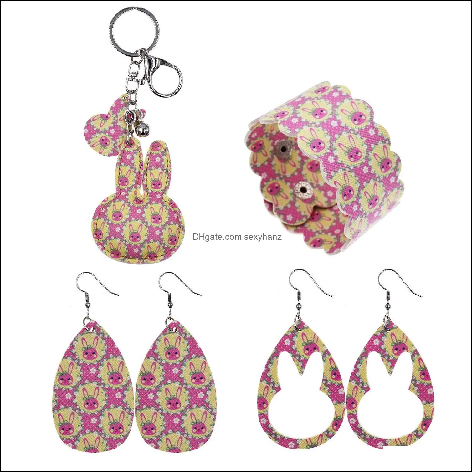 4pcs Easter PU Leather Jewelry Set Earrings Bracelet and Keychain With Rabbit Shape and Pattern For Girls Gift GWB11973