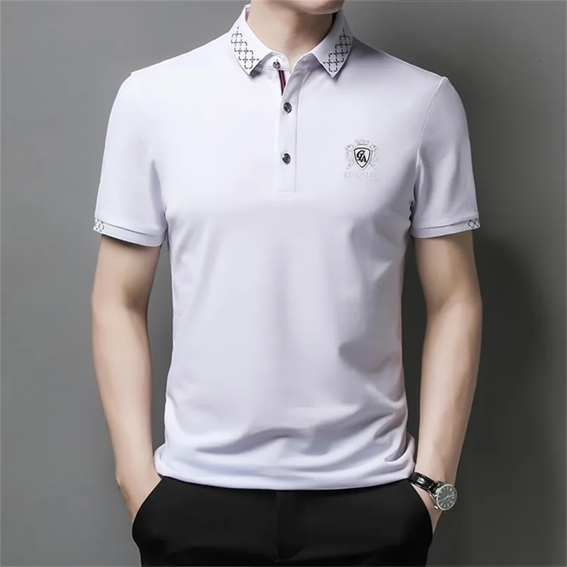 Browon Summer T Shirt dla mężczyzn Haft Krótki Rękaw Soft Seat Tops Fit Turn-Down Smart Casual Work Odzież 210716