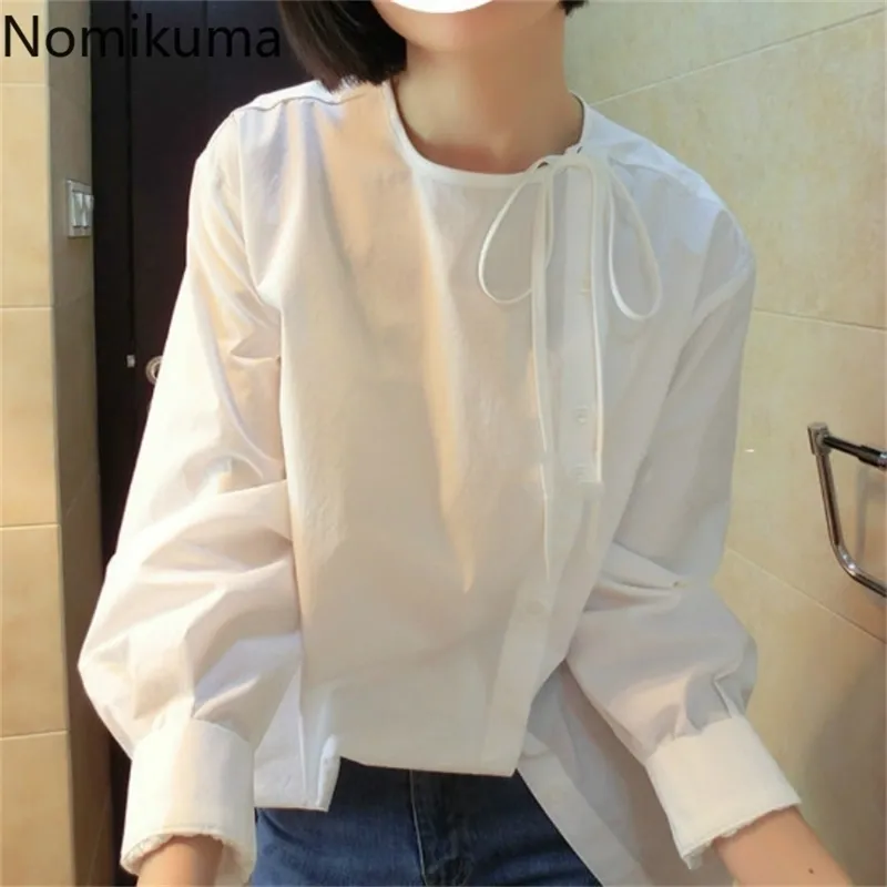Nomikuma Spring Women Blouse Side Single Breasted Bow Tie O-neck Doll Shirt Casual Long Sleeve Solid Blusas Femme 6D819 210715