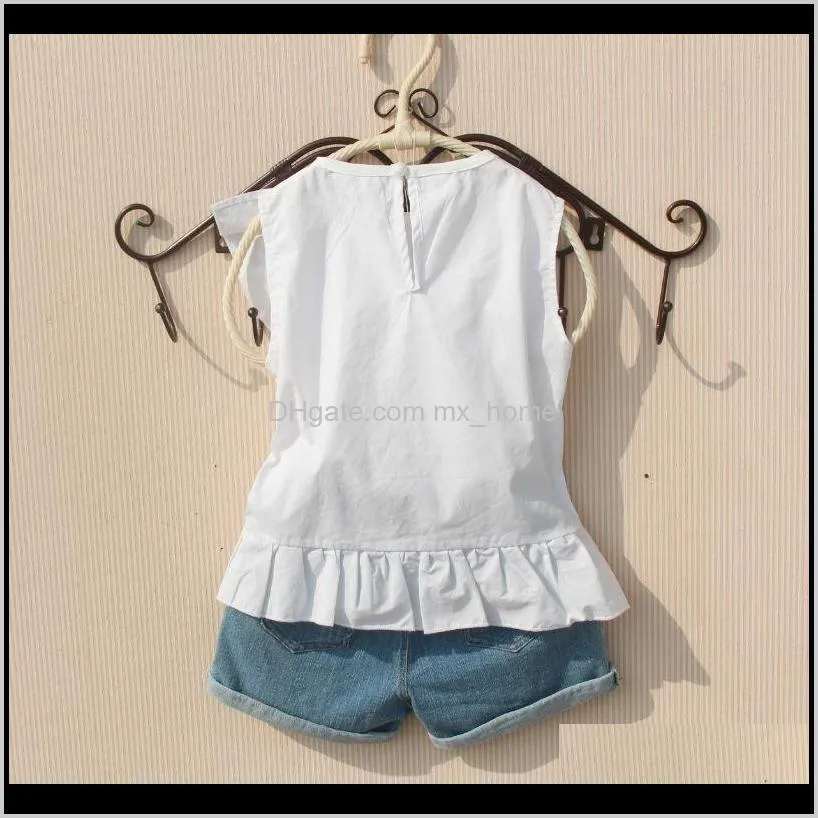 casual blouse girl new arrival summer solid white blouses cotton ruffle sleeve less red shirts blue striped shirt for teenagers 210305