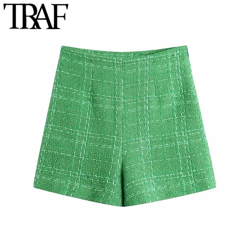 TRAF Women Chic Fashion With Lining Tweed Shorts Vintage High Waist Back Zipper Female Short Pants Mujer 210415