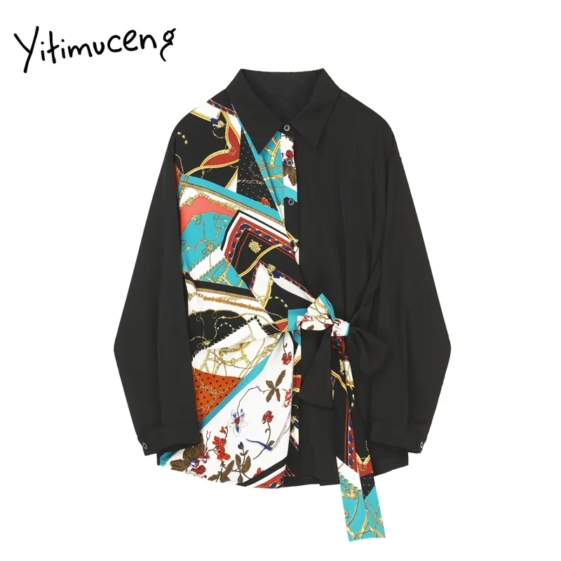 Yitimuceng Imprimir Arco Lace Up Blusa Mulheres Vintage Camisas Primavera Moda Roupas Quadrado Collar Único Senhora de Escritório Breasted 210601