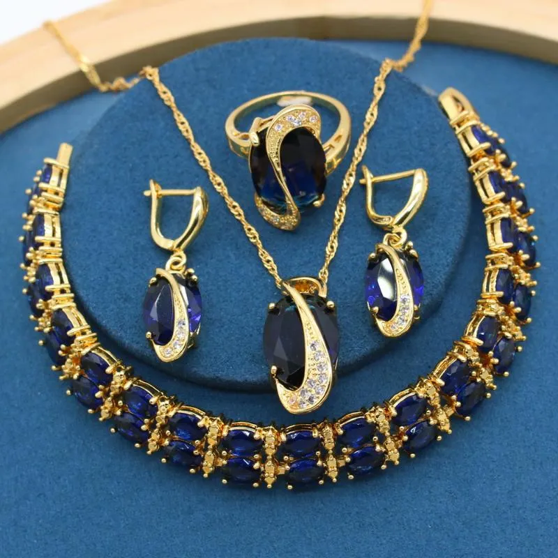 Pendientes, collar, clásico, azul, semiprecioso, Color dorado, conjuntos de joyas de boda con para mujer, pulsera, anillo, fiesta, regalo de cumpleaños