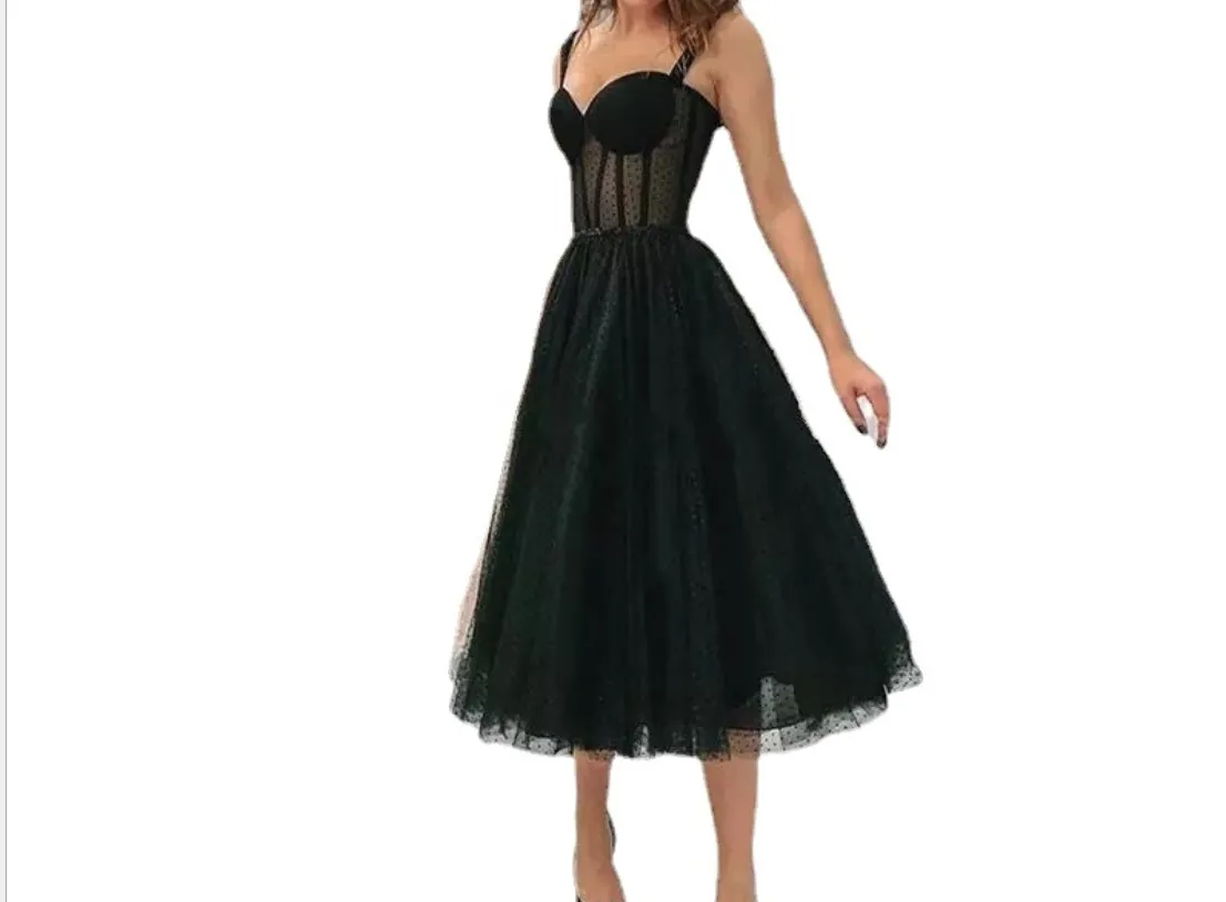 Black Polka Dot Tulle Short Prom Dresses Velour Tea Length Evening Gown 2021 Women Party Dresses