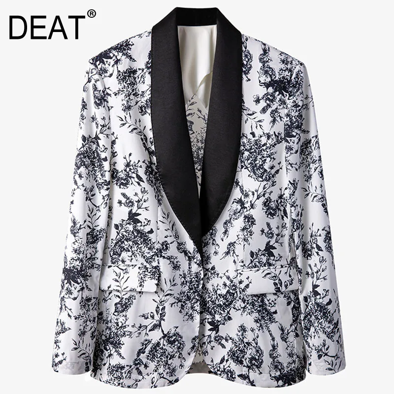 Women Black Printing Contrast Ink Blazer Polo-neck Long Sleeve Loose Fit Jacket Fashionable Spring Autumn 7D1121 210421