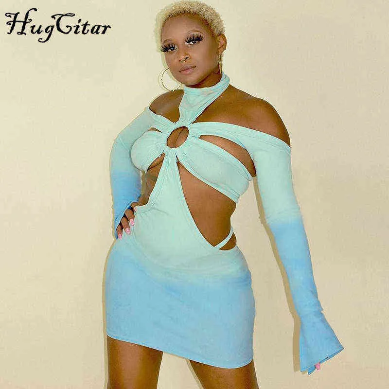 Hugcitar 2021 Summer Fall Kobiety Moda Halter Gradient Hollow Out Długie Rękawy Bodycon Slim Mini Dress Sexy Y2K Streetwear Y1204