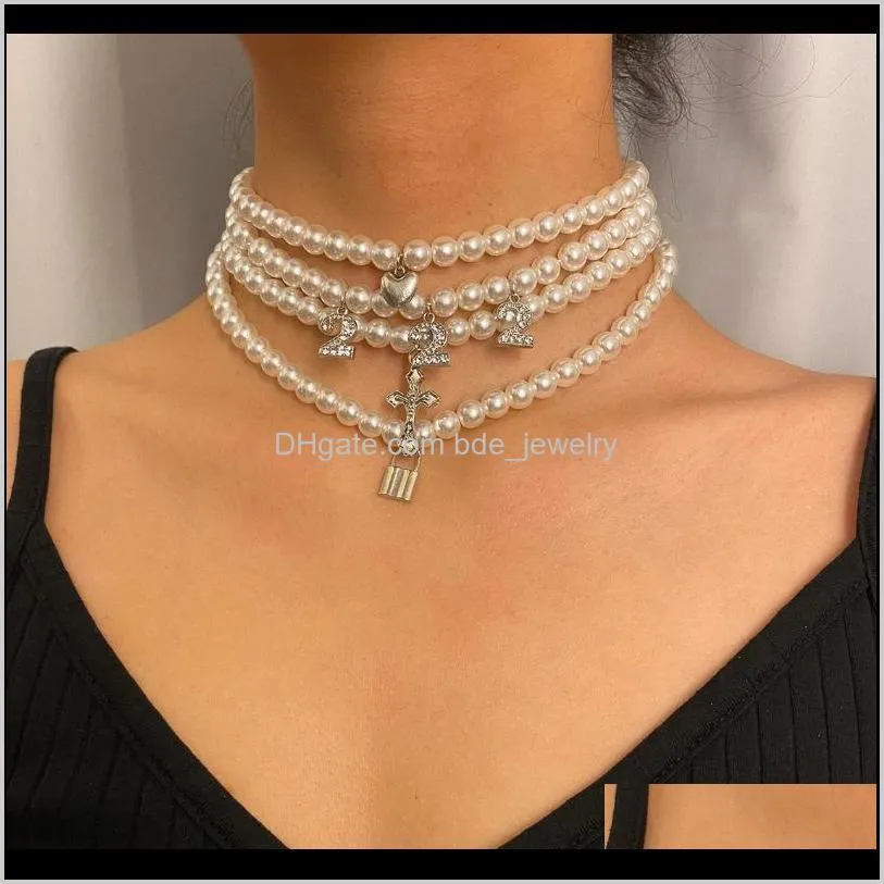 Necklaces & Pendants Jewelrypurui 4Pcs/Set Pearl Heart Necklace Lock Crystal Cross Layered Pedant Choker Bohemia Baroque Chain Collar Chokers