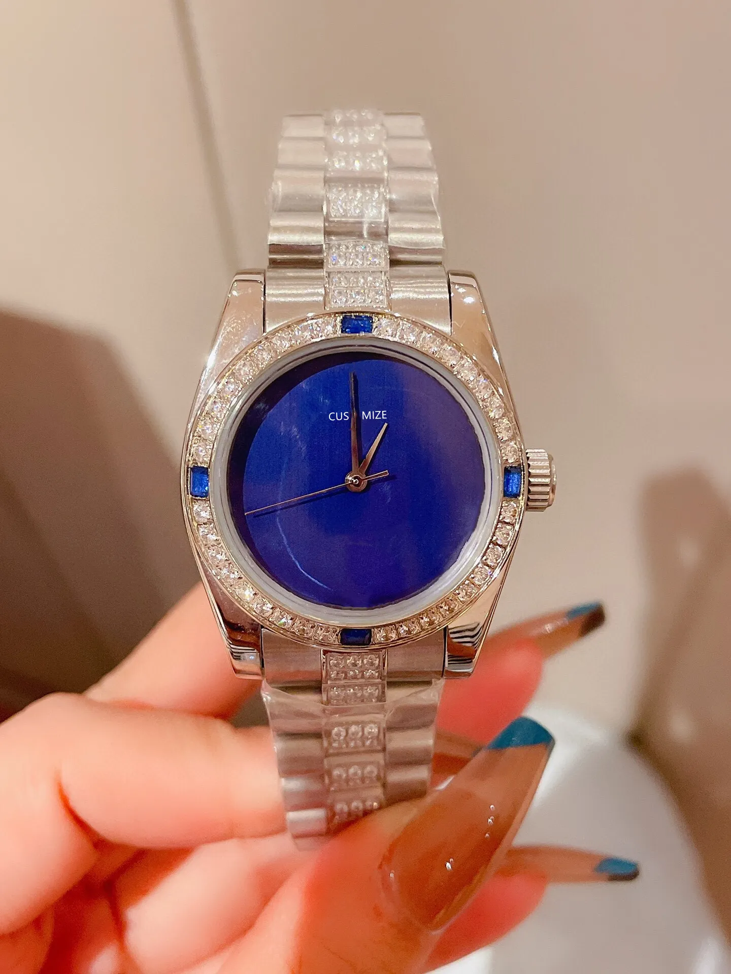 Fashion brand women watch automatic mechanical sapphire glass stainless steel blue dial waterproof ladies diamond clock