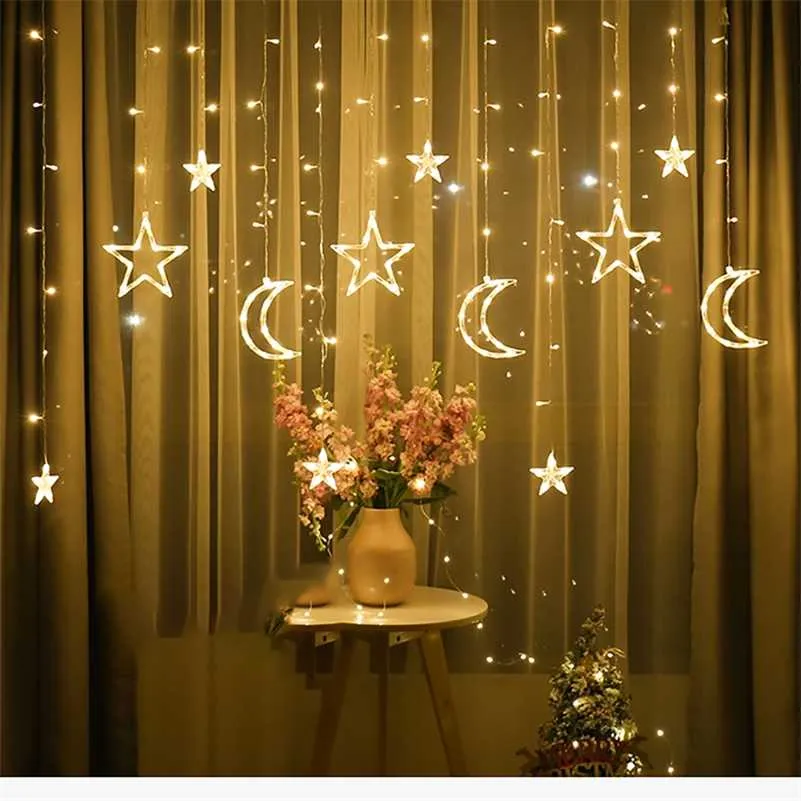 EU Plug Moon Star LED Fée Guirlande Lumineuse Guirlande EID Mubarak Ramadan Décoration Noël Vacances Éclairage De Noce 211109