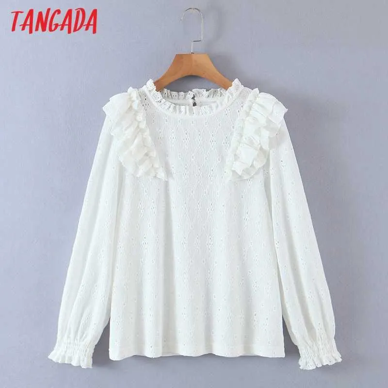 Tangada Women Retro Ruffles Embroidery Romantic Blouse Shirt Long Sleeve Chic Female Shirt Tops RB09 210609