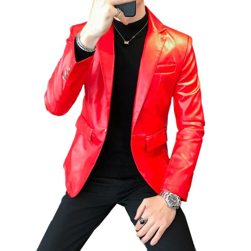 Men's Fur & Faux 2021 Young Mens Casual Suit Black Red White Slim Fit Men Leather Jacket Pure Color PU Blazers Jackets For Man