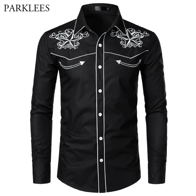 Черная рубашка вышивки мужчины бренд звезды мужская кнопка вниз рубашки мужские длинные рукава платья химиза homme camisa xxl 210721