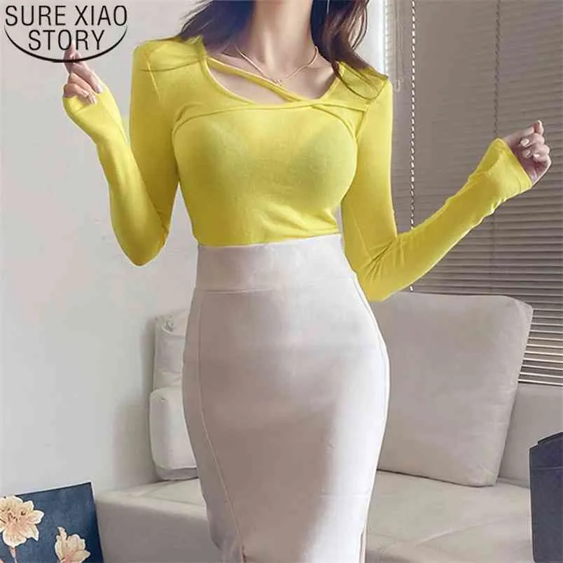 Koreanische Sexy T-shirts Frauen Strap Rundhals Weibliche Lange Hülse Bodenbildung T-shirt Zeigen Brust Figur Bottom Shirt Tops 12177 210506