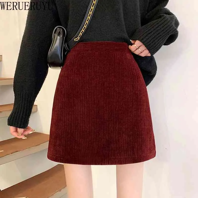 WERUERUYU Corduroy pencil skirt large size female loose skirt elastic waist casual bottom retro wild color women's bag skirt 210608