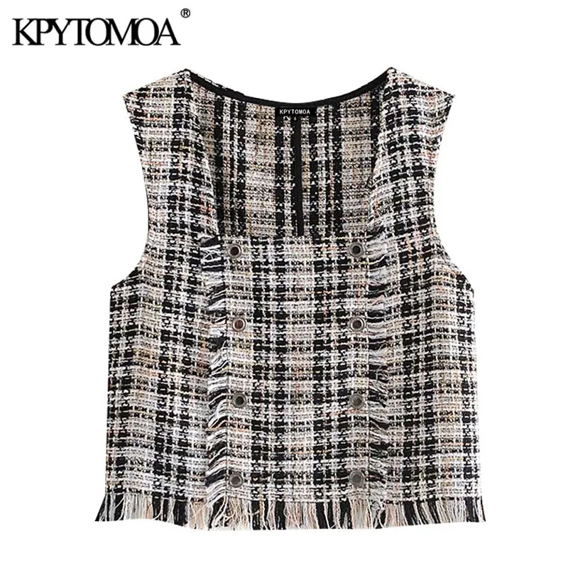 Kvinnor mode med frayed trim tweed check waistcoat vintage fyrkantig krage ärmlös kvinnlig väst kappa chic toppar 210416