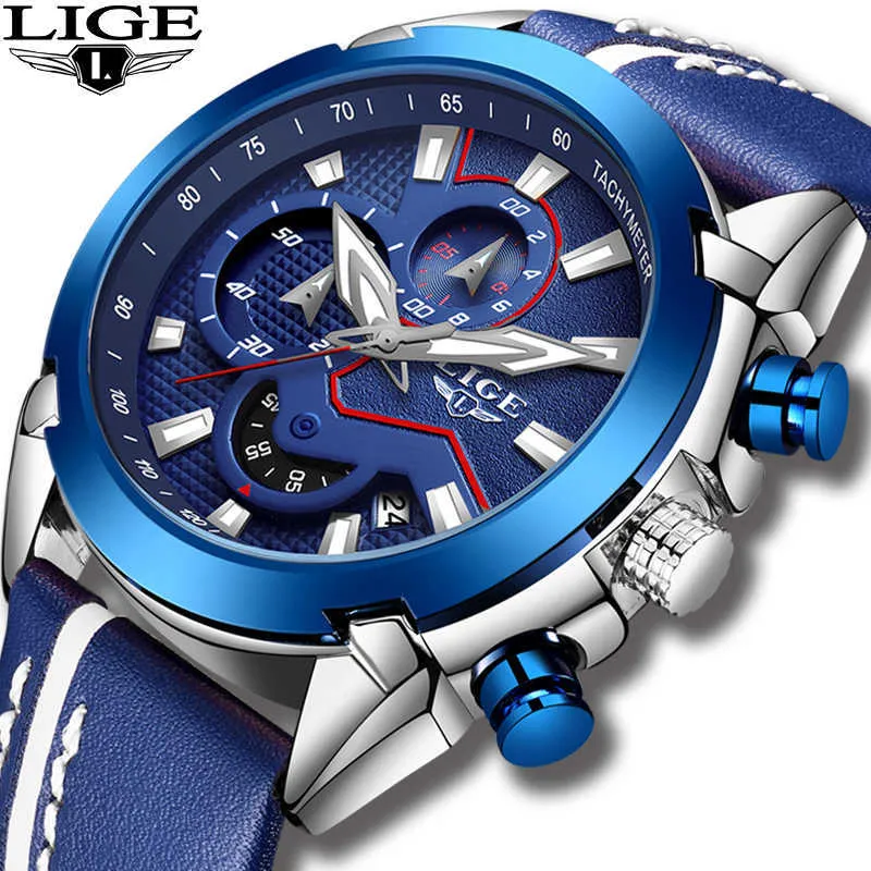 Fashion Blue Men Watch LIGE Top Luxury Brand Chronograph Casual Leather Waterproof Sport Quartz+Clock Relogio Masculino 210527